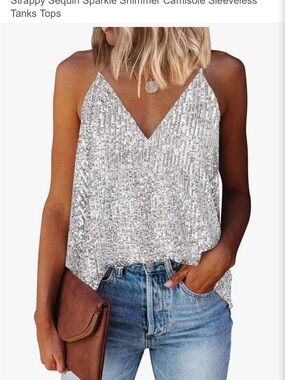 Sequined V-Neck Sleeveless Tank Top - Silver